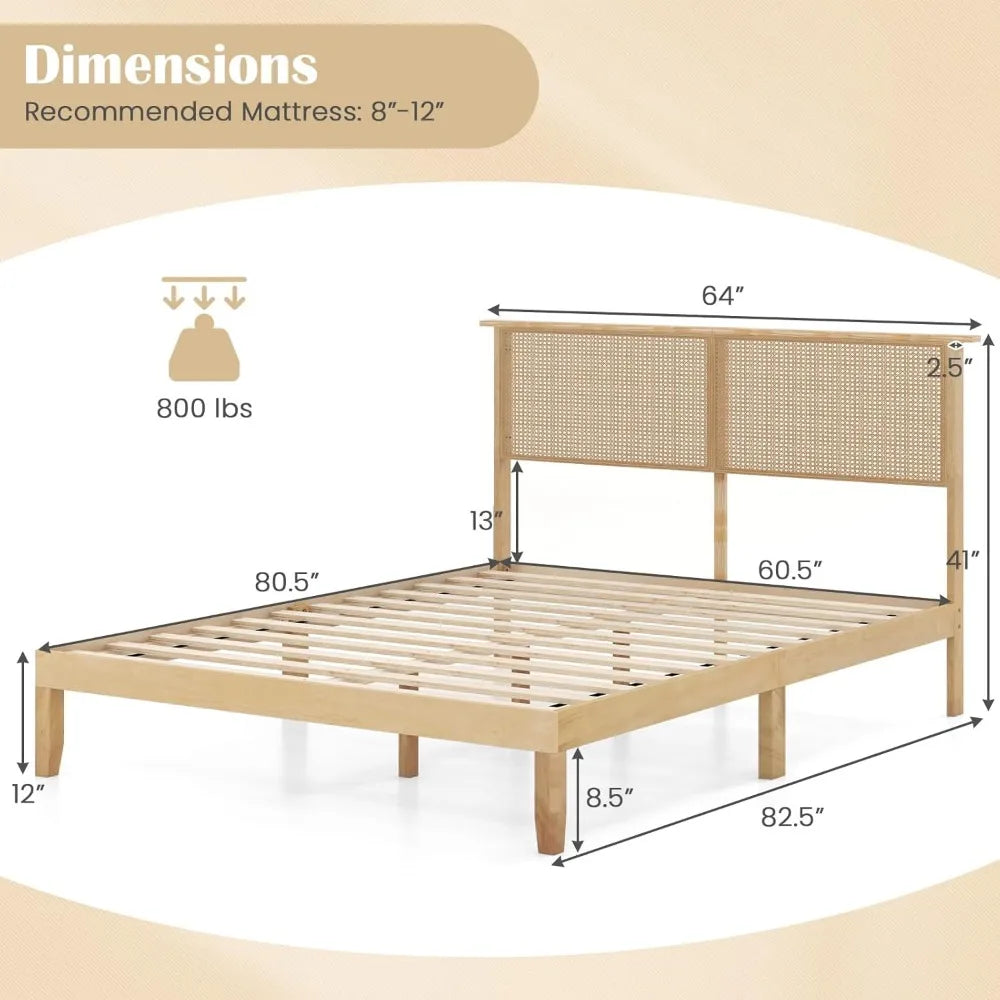 Giantex Queen Size Rattan Bed Frame with Rattan Headboard, Boho Solid Wood Platform Bed with Wooden Slats, 12 Inch Bed Frame Que