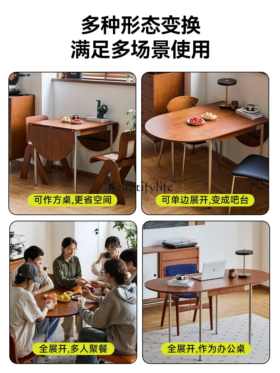 Nordic Retro Foldable Oval Solid Wood Dining Table Home Use Extendable Dining Table