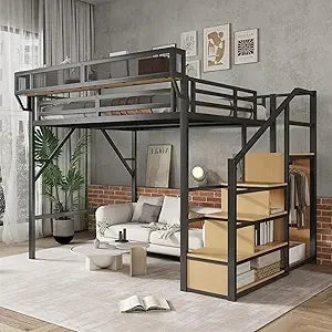 Queen Size Gaming Loft Bed with Stairs and Desk, Metal Loft Bed Frame with Bedside Shelf and Light, Heavy-Duty Adults Lofts Beds