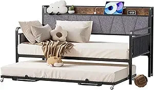 Twin Daybed with Trundle, Modern Twin Size Sofa Day Bed, Sturdy Metal Bed Frame with Upholstered Headboard for Living Room, Bedr
