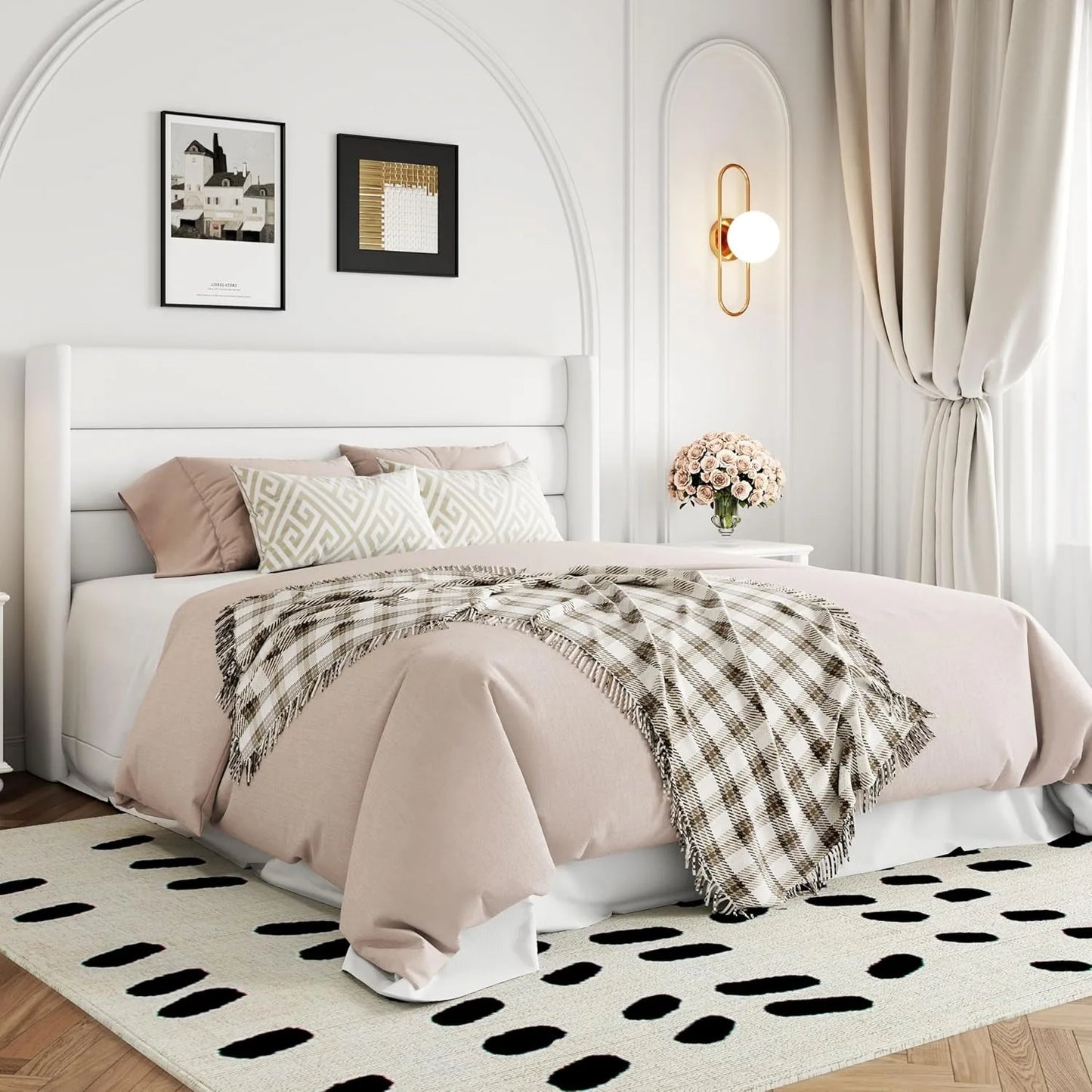 Queen Size Veet Lift Storage Bed, Modern Wingback Headboard, Hydraulic Sport, No Box Spring Needed, White