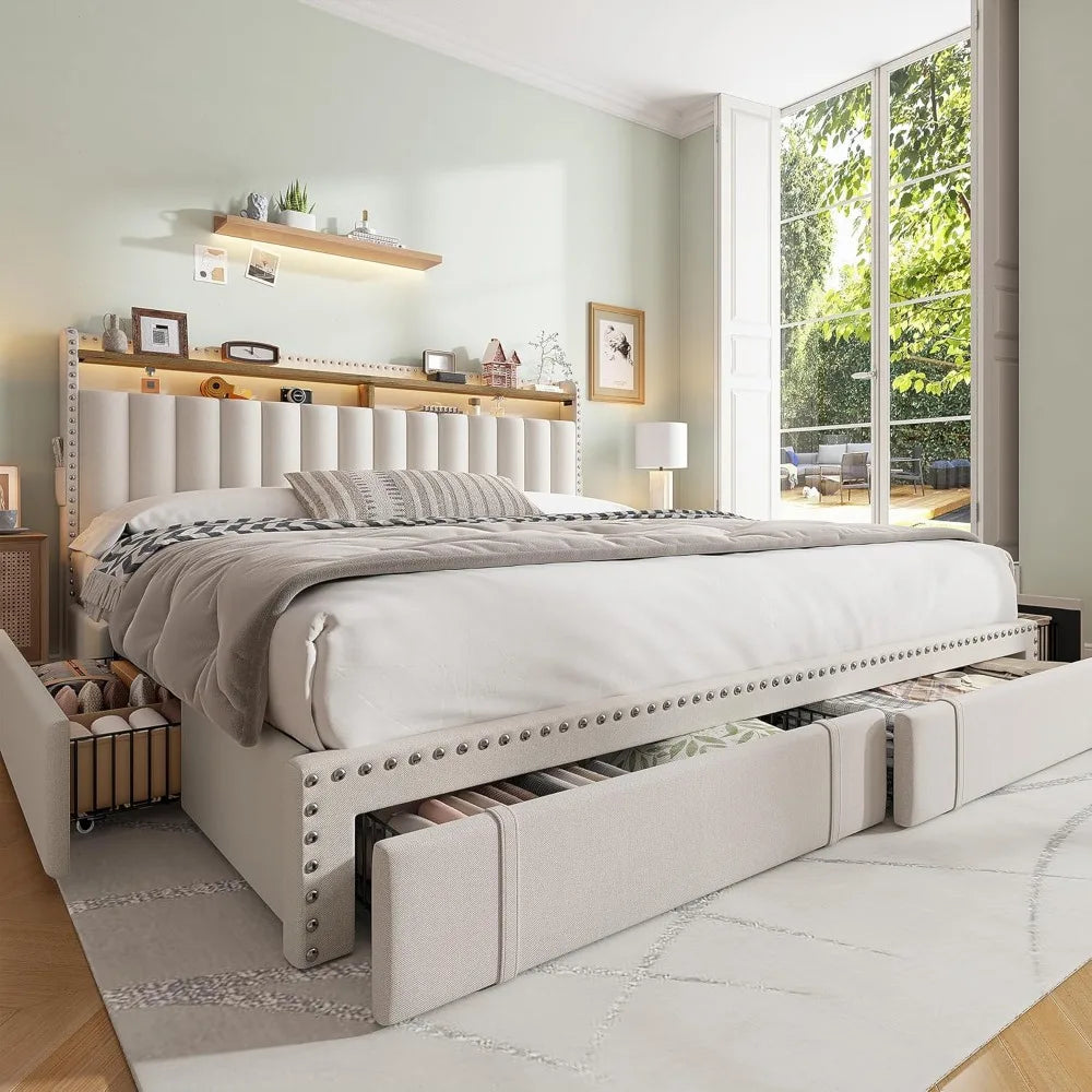 EnHomee King Size Bed Frame with 4 Storage Drawers,Upholstered King Bed Frame and Headboard,2-Tier Shelves,1200LBS for Strong Su