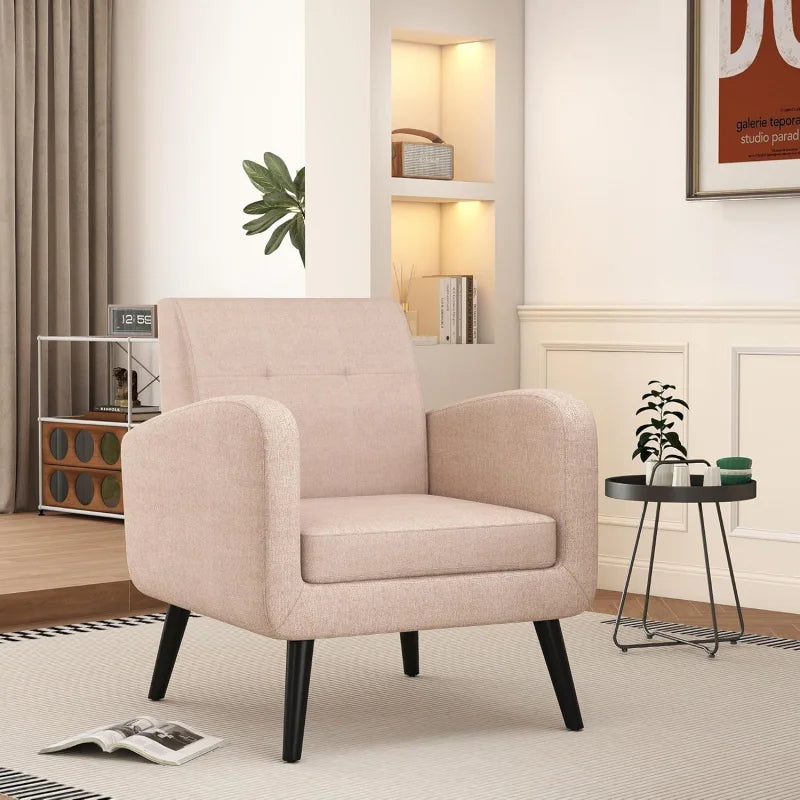 TTF Upholstered Fabric Cozy Armchairs, Living Room Side Chair with Solid Wood Legs, Beige CS