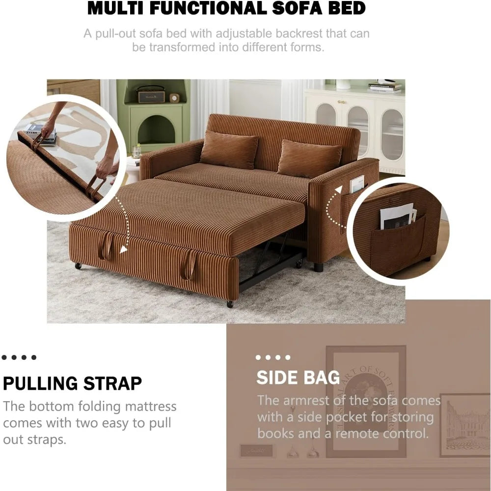 Pull Out Couch,Corduroy Convertible Sofa Bed,Pull Out Sofa Bed with 3 Level Adjustable Backrest & Storage Pockets and 2 Toss Pil