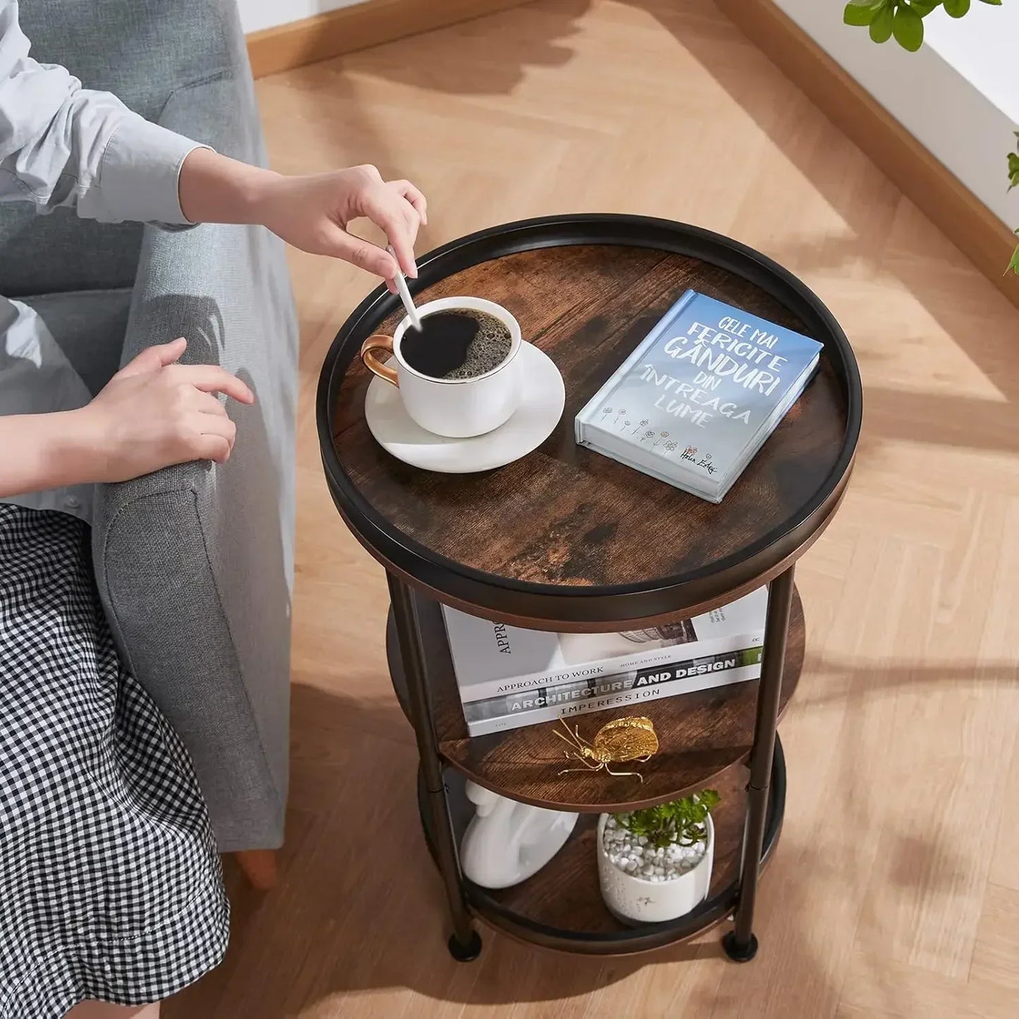 Side Table, Round End Table with 3 Storage Shelves for Living Room, Bedroom, Nightstand with Steel Frame for Small Spaces