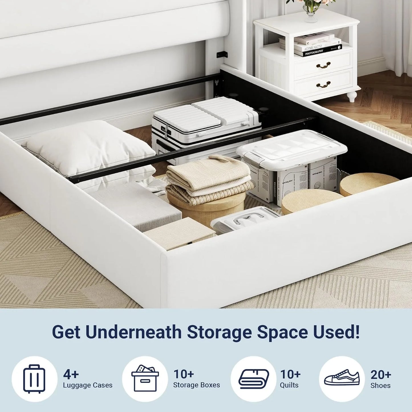 Queen Size Veet Lift Storage Bed, Modern Wingback Headboard, Hydraulic Sport, No Box Spring Needed, White
