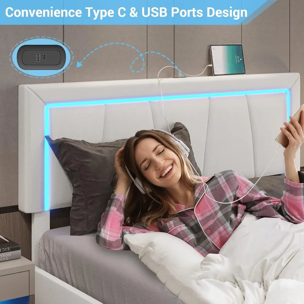 Bed Frame with 4 Storage Drawers and LED Lights - Faux Leather Upholstered Platform Bed with USB Ports,Adjustable LED Headboard