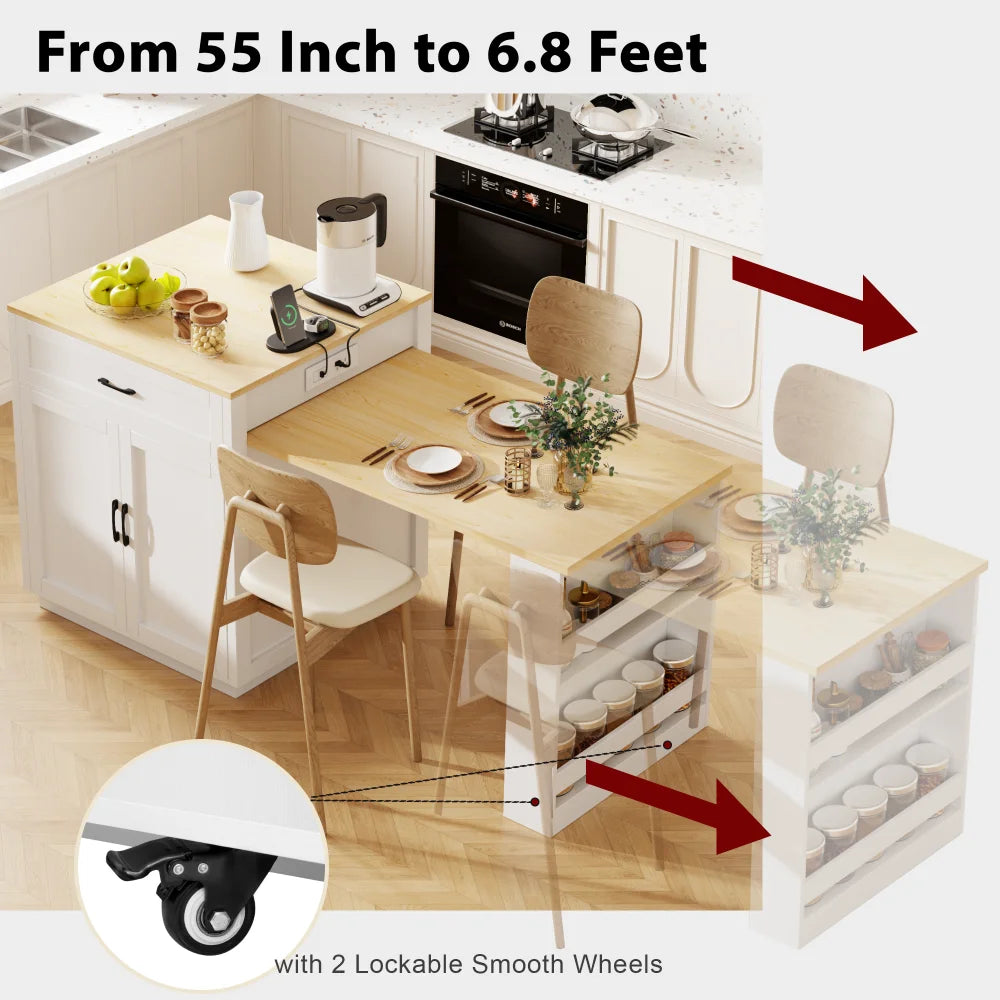 82.7 inch Kitchen Island with Extendable Dining Table for 4-6 Person,Two-tone Kitchen Table with Double-sized Storage, Power