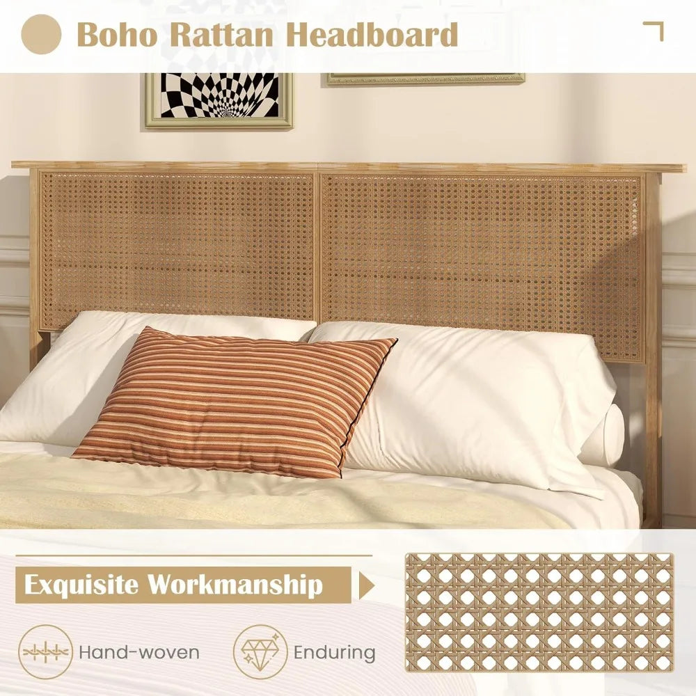 Giantex Queen Size Rattan Bed Frame with Rattan Headboard, Boho Solid Wood Platform Bed with Wooden Slats, 12 Inch Bed Frame Que