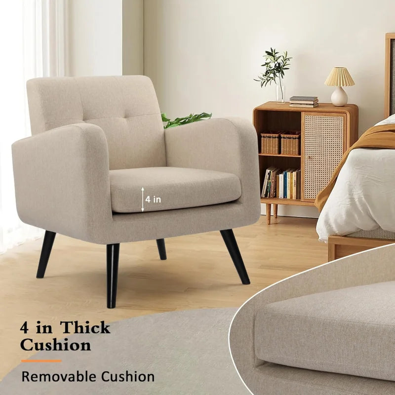 TTF Upholstered Fabric Cozy Armchairs, Living Room Side Chair with Solid Wood Legs, Beige CS