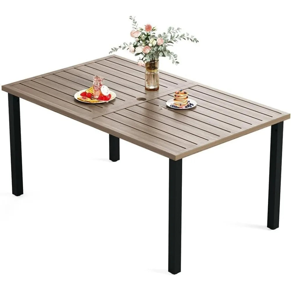 HERA'S HOUSE 6-Person Outdoor Dining Table Rectangular Metal Patio Table with Umbrella Hole Weather Resistant Wood-Like Finish