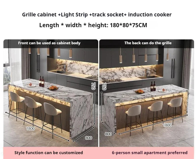 Marble Kitchen Island Dining Table with Tea Bar Countertop, Custom Kitchen Peninsula Breakfast Bar for Open Concept Modern Home