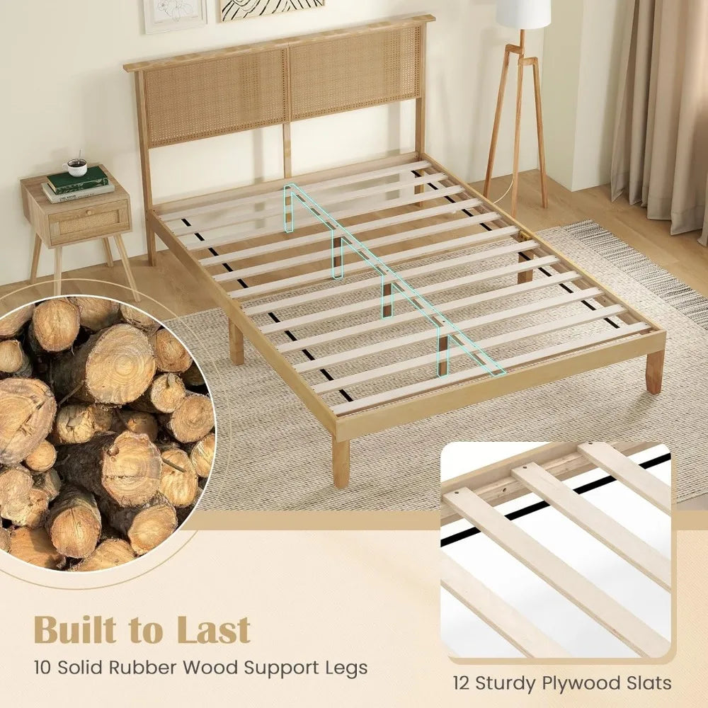 Giantex Queen Size Rattan Bed Frame with Rattan Headboard, Boho Solid Wood Platform Bed with Wooden Slats, 12 Inch Bed Frame Que