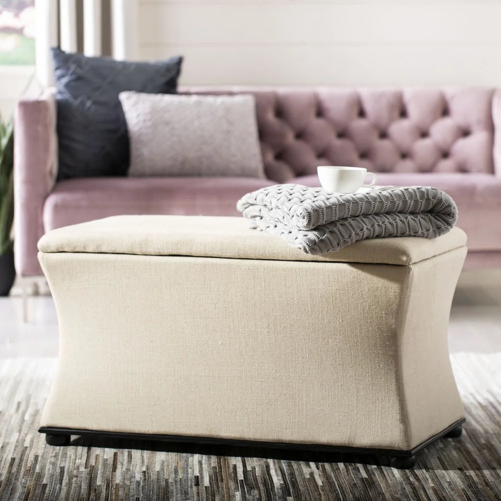 Transitional Glam Upholstered Storage Bench Flip Top Indoor Furniture Durable Wood Frame Beige Linen Fabric 240lbs Capacity