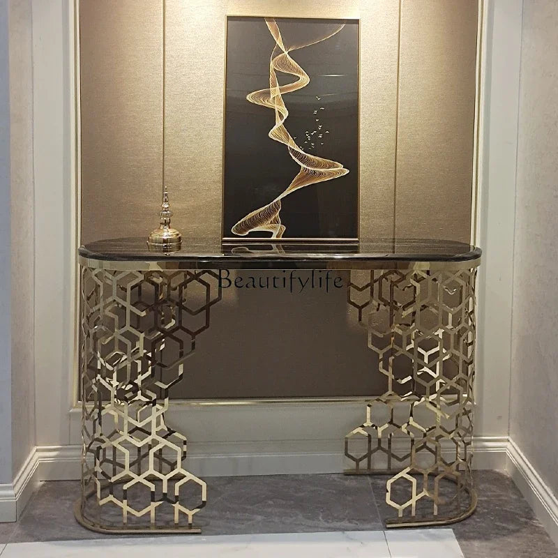 PJ13Modern light luxury entrance table stainless steel marble entrance table sofa back few