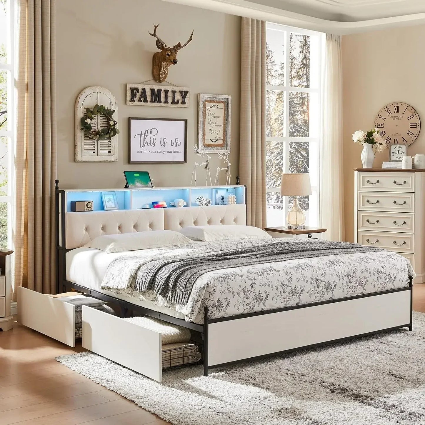 King Size Bed Frame with Upholstered Headboard, Modern Farmhouse Wood Metal Platform Bed with Storage Drawers,Antique White