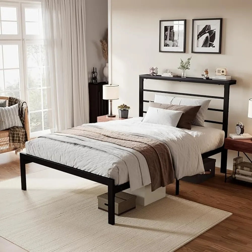 Twin Size Bed Frame with Headboard Shelf and Strong Metal Foundation, No Box Spring Needed, Black