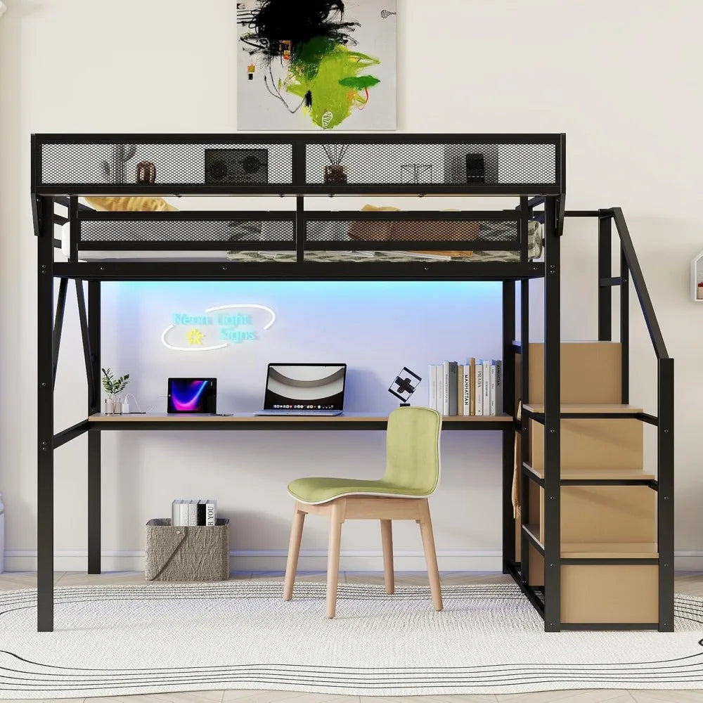 Queen Size Gaming Loft Bed with Stairs and Desk, Metal Loft Bed Frame with Bedside Shelf and Light, Heavy-Duty Adults Lofts Beds