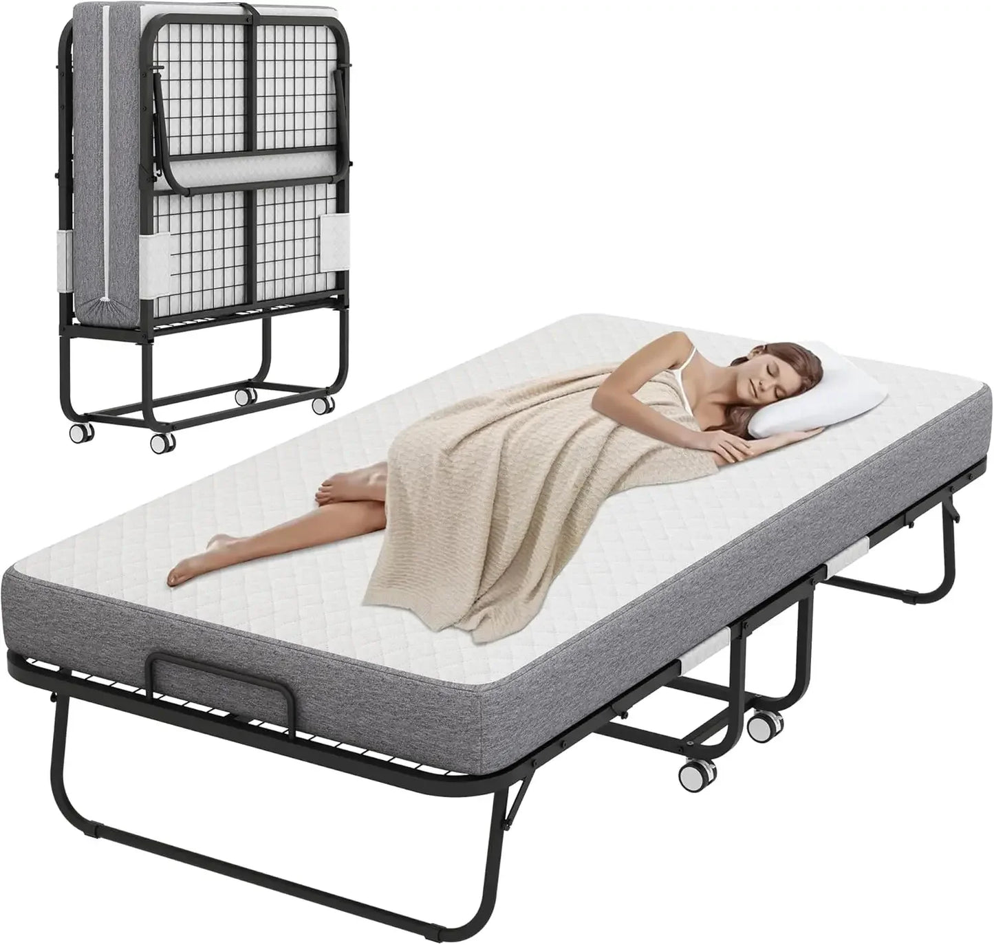 Large Folding Bed with Mattress for Adult - 75''x46'' Portable Foldable Rollaway Bed for Guest, Space Saving Fold Up Bed