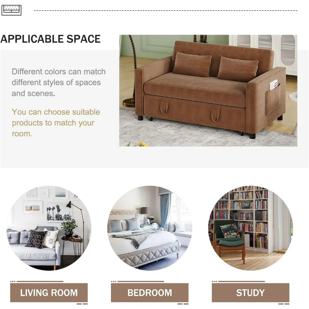 Pull Out Couch,Corduroy Convertible Sofa Bed,Pull Out Sofa Bed with 3 Level Adjustable Backrest & Storage Pockets and 2 Toss Pil