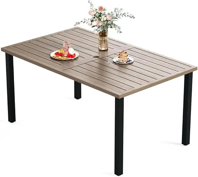 HERA'S HOUSE 6-Person Outdoor Dining Table Rectangular Metal Patio Table with Umbrella Hole Weather Resistant Wood-Like Finish