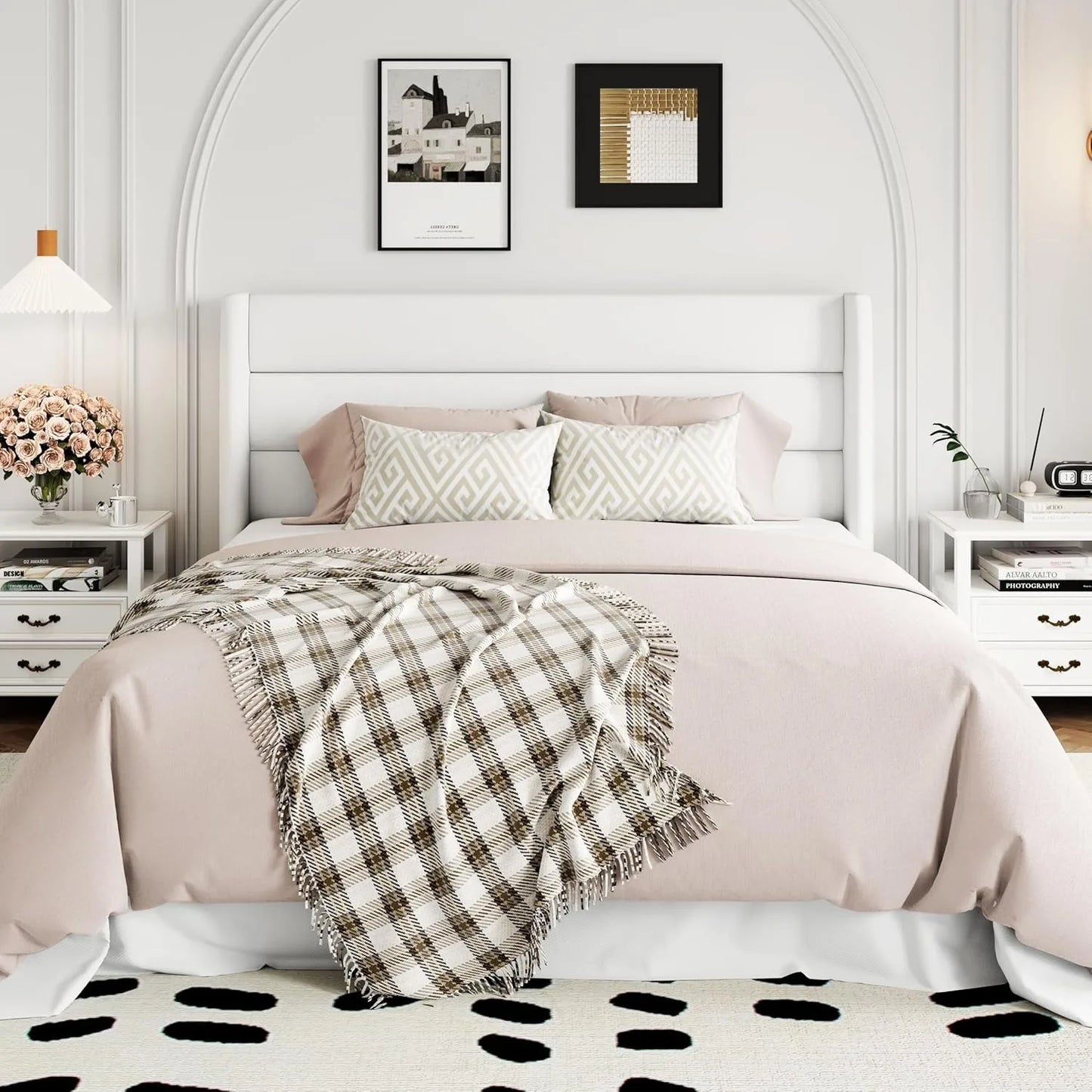 Queen Size Veet Lift Storage Bed, Modern Wingback Headboard, Hydraulic Sport, No Box Spring Needed, White