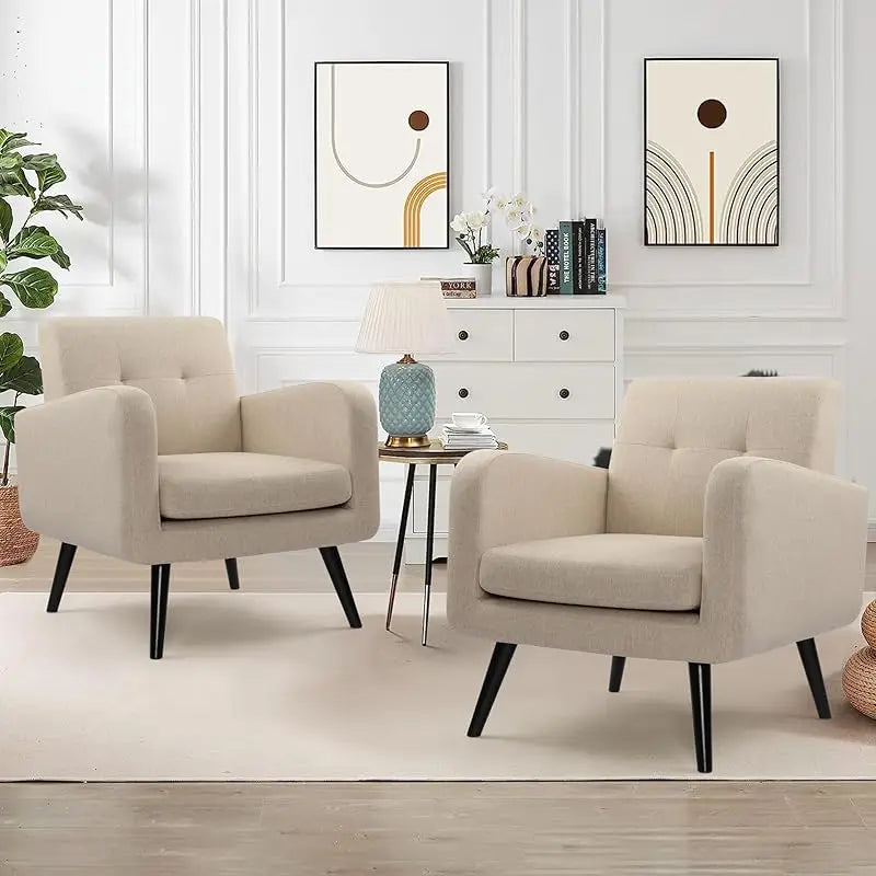 TTF Upholstered Fabric Cozy Armchairs, Living Room Side Chair with Solid Wood Legs, Beige CS