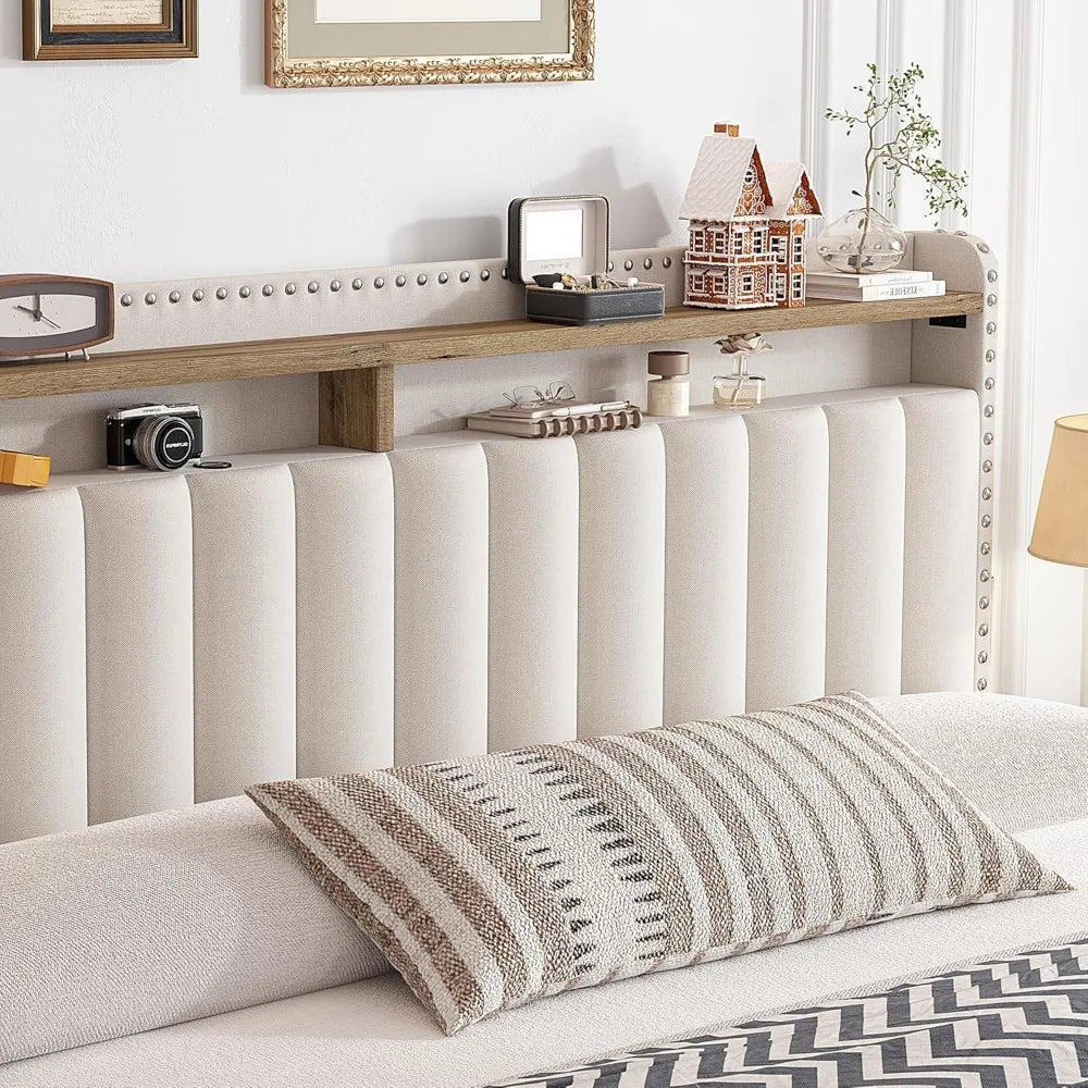 EnHomee King Size Bed Frame with 4 Storage Drawers,Upholstered King Bed Frame and Headboard,2-Tier Shelves,1200LBS for Strong Su