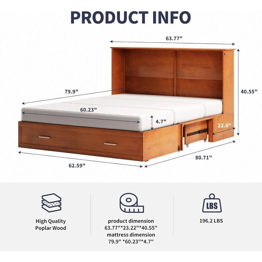 Murphy Bed, Queen Size Cabinet Beds, Elegant Adult Guest Bed with Mattress, Charging Station, Storage Drawer, Solid Wood Frame,