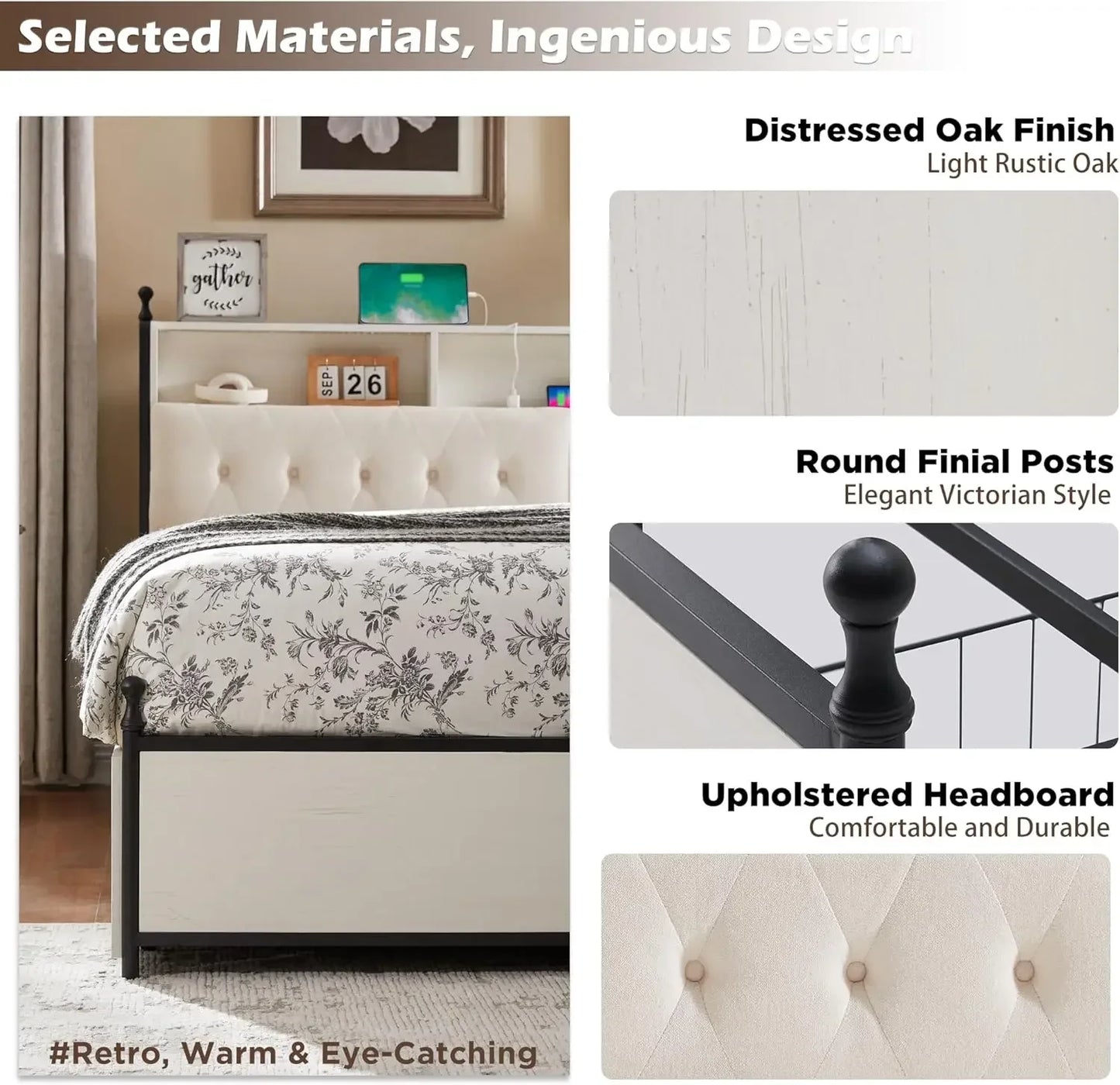 King Size Bed Frame with Upholstered Headboard, Modern Farmhouse Wood Metal Platform Bed with Storage Drawers,Antique White