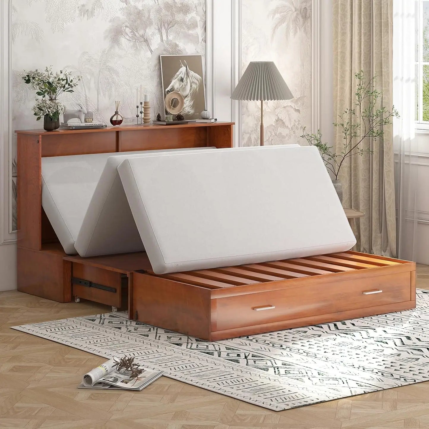 Murphy Bed, Queen Size Cabinet Beds, Elegant Adult Guest Bed with Mattress, Charging Station, Storage Drawer, Solid Wood Frame,