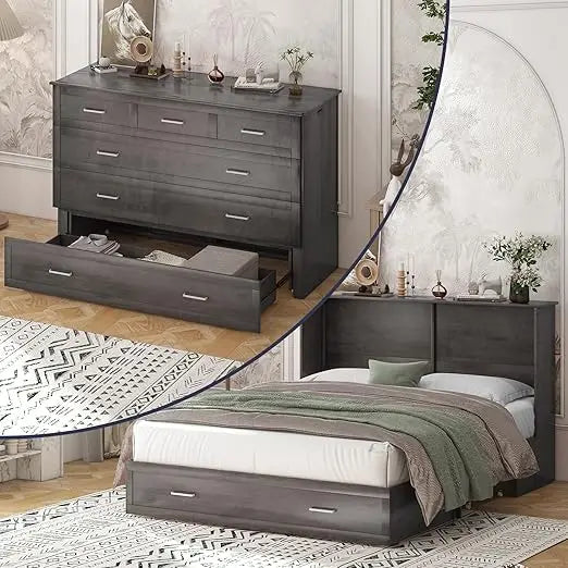 Murphy Bed, Queen Size Cabinet Beds, Elegant Adult Guest Bed with Mattress, Charging Station, Storage Drawer, Solid Wood Frame,