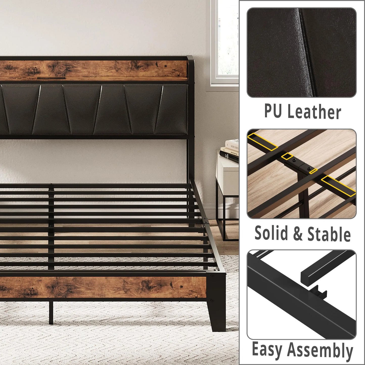 LIKIMIO Bed Queen Bed Frame, Full Size Bed Frame, Storage Headboard Charging Station, Solid Stable, Noise Free, No Box Spring