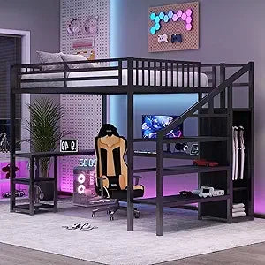 Queen Size Gaming Loft Bed with Stairs and Desk, Metal Loft Bed Frame with Bedside Shelf and Light, Heavy-Duty Adults Lofts Beds