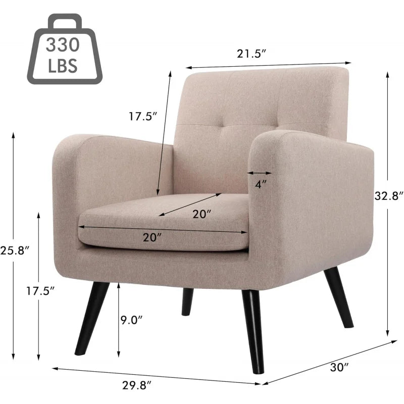 TTF Upholstered Fabric Cozy Armchairs, Living Room Side Chair with Solid Wood Legs, Beige CS