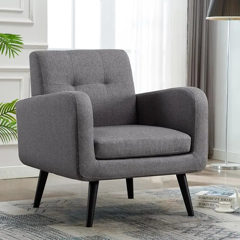 TTF Upholstered Fabric Cozy Armchairs, Living Room Side Chair with Solid Wood Legs, Beige CS