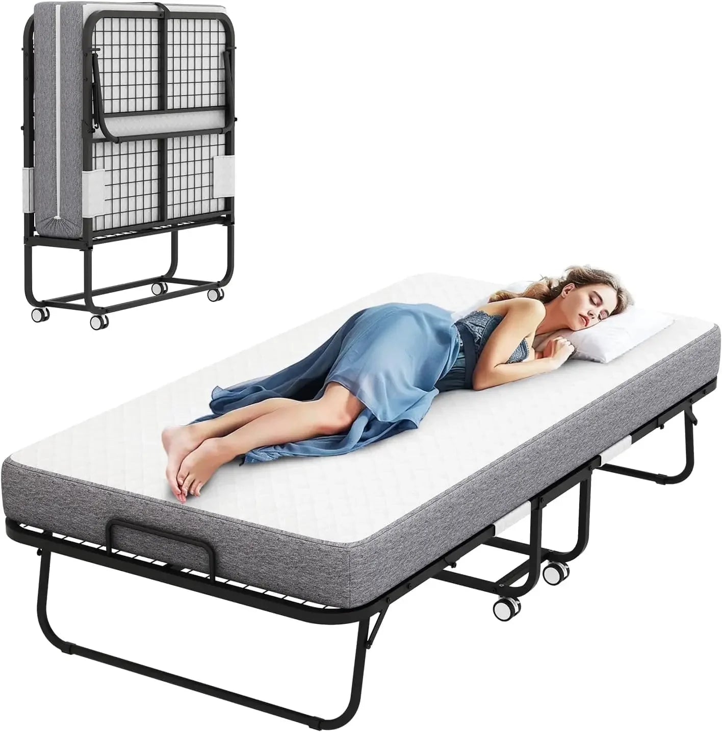 Folding Bed with Mattress, 75''x46'' upsize with Upgraded Sturdy Frame, Adult Portable, Space Saving