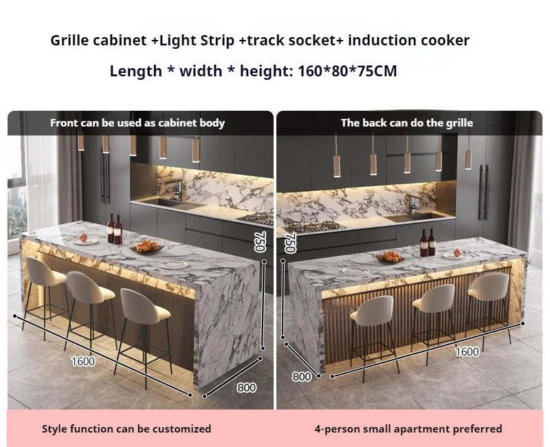 Marble Kitchen Island Dining Table with Tea Bar Countertop, Custom Kitchen Peninsula Breakfast Bar for Open Concept Modern Home
