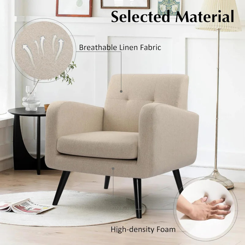 TTF Upholstered Fabric Cozy Armchairs, Living Room Side Chair with Solid Wood Legs, Beige CS