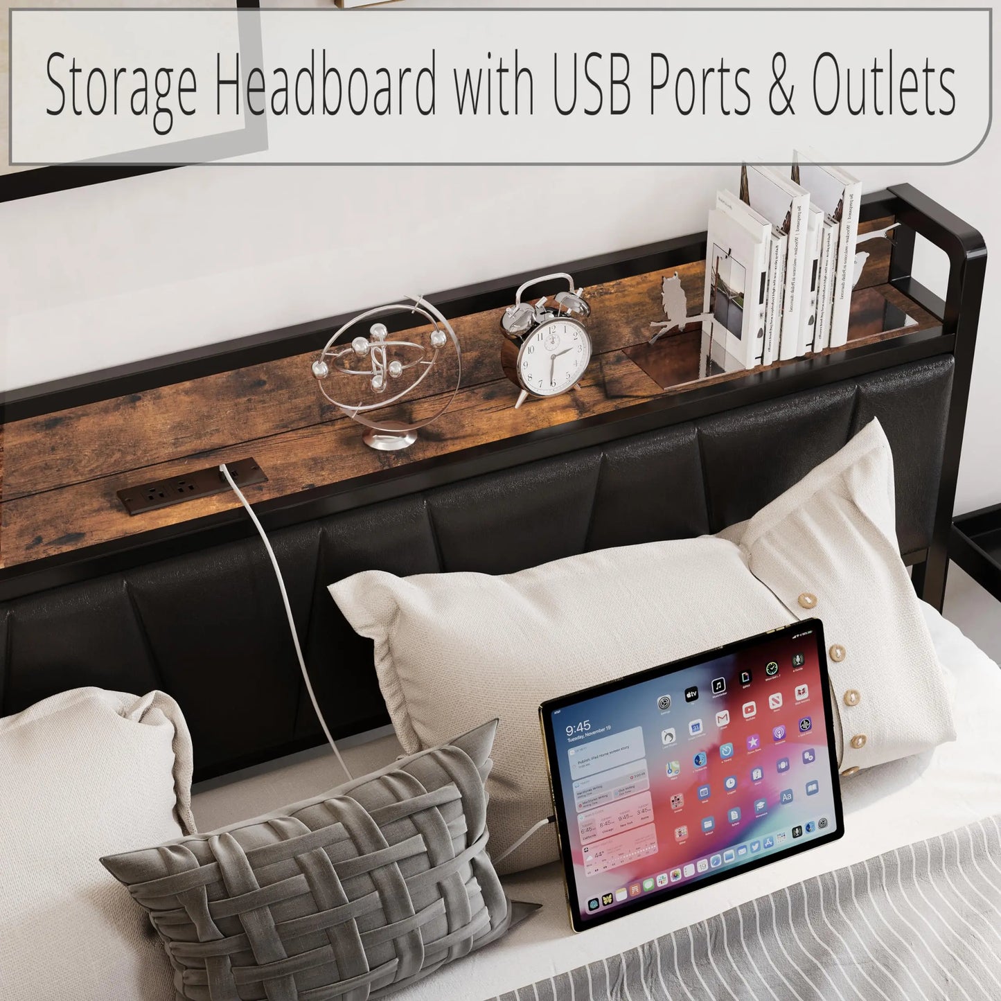 LIKIMIO Bed Queen Bed Frame, Full Size Bed Frame, Storage Headboard Charging Station, Solid Stable, Noise Free, No Box Spring