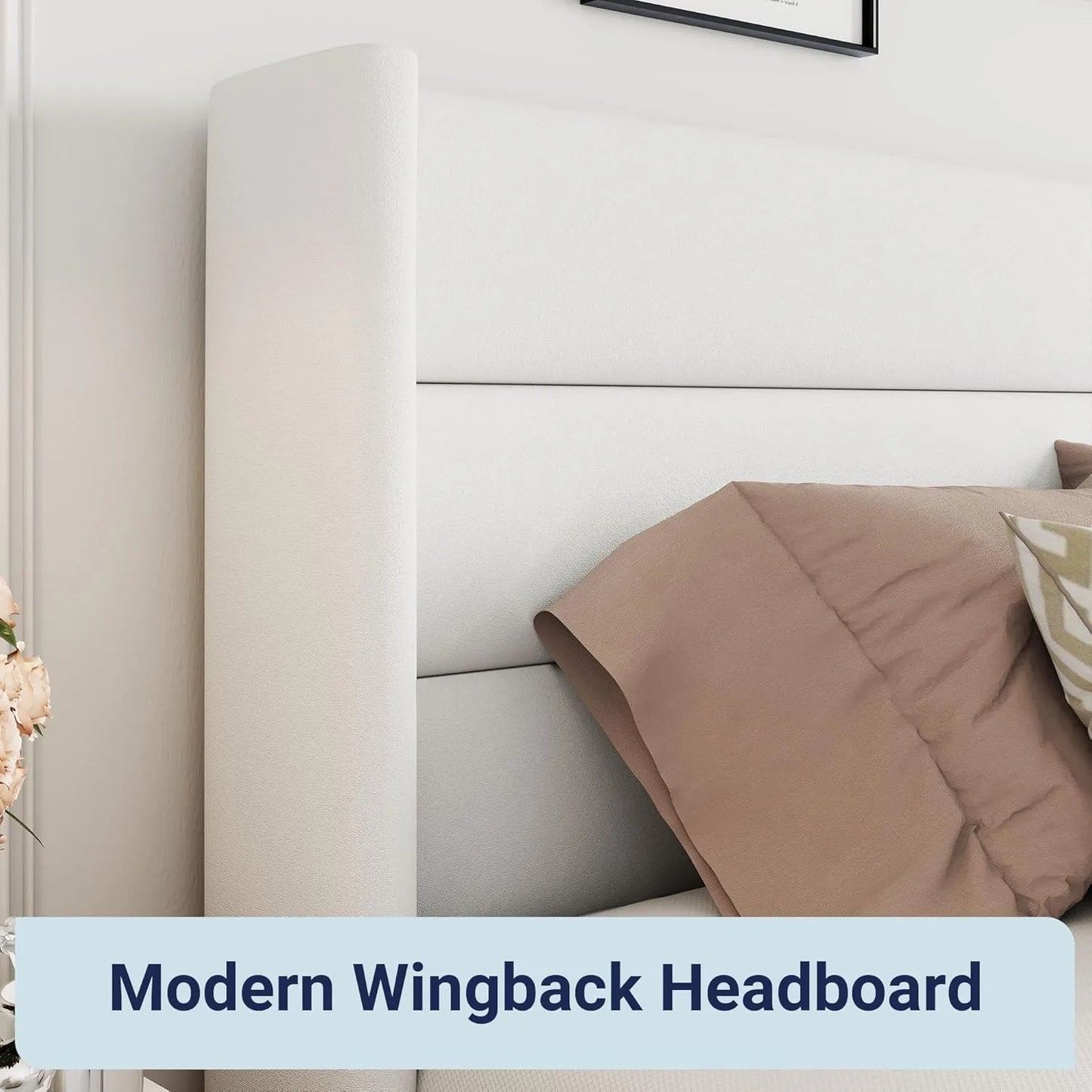 Queen Size Veet Lift Storage Bed, Modern Wingback Headboard, Hydraulic Sport, No Box Spring Needed, White