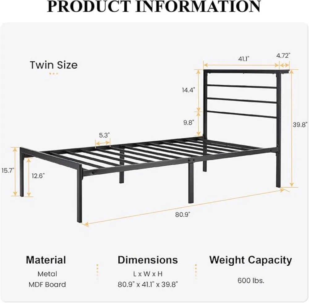 Twin Size Bed Frame with Headboard Shelf and Strong Metal Foundation, No Box Spring Needed, Black