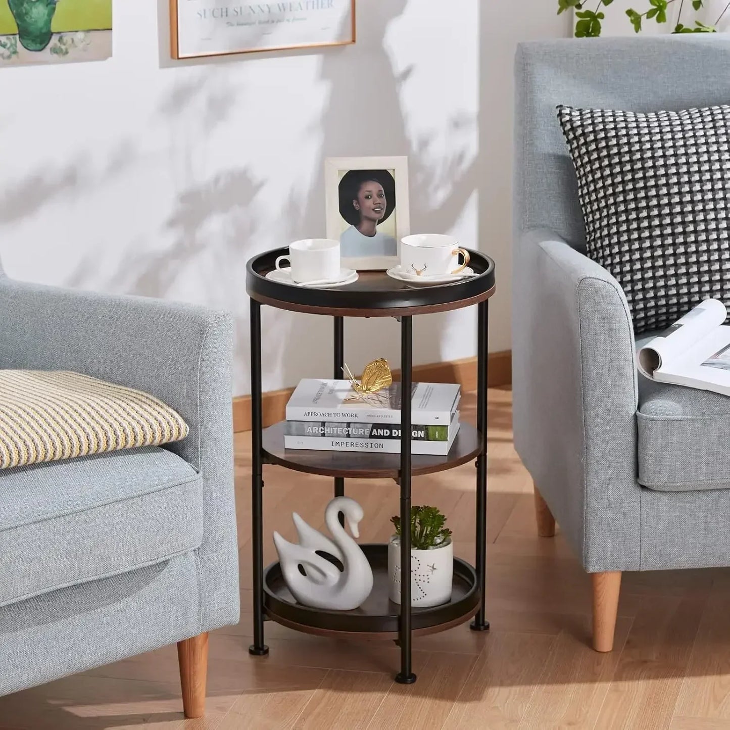 Side Table, Round End Table with 3 Storage Shelves for Living Room, Bedroom, Nightstand with Steel Frame for Small Spaces