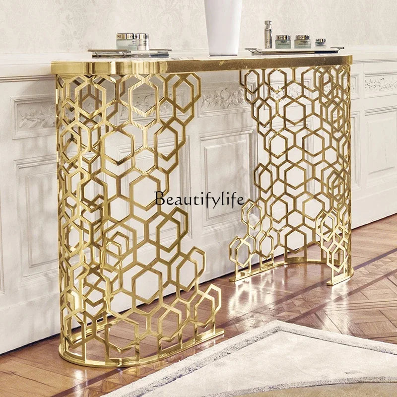 PJ13Modern light luxury entrance table stainless steel marble entrance table sofa back few
