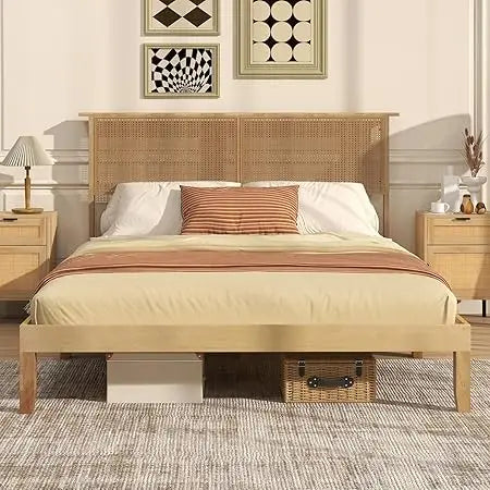 Giantex Queen Size Rattan Bed Frame with Rattan Headboard, Boho Solid Wood Platform Bed with Wooden Slats, 12 Inch Bed Frame Que