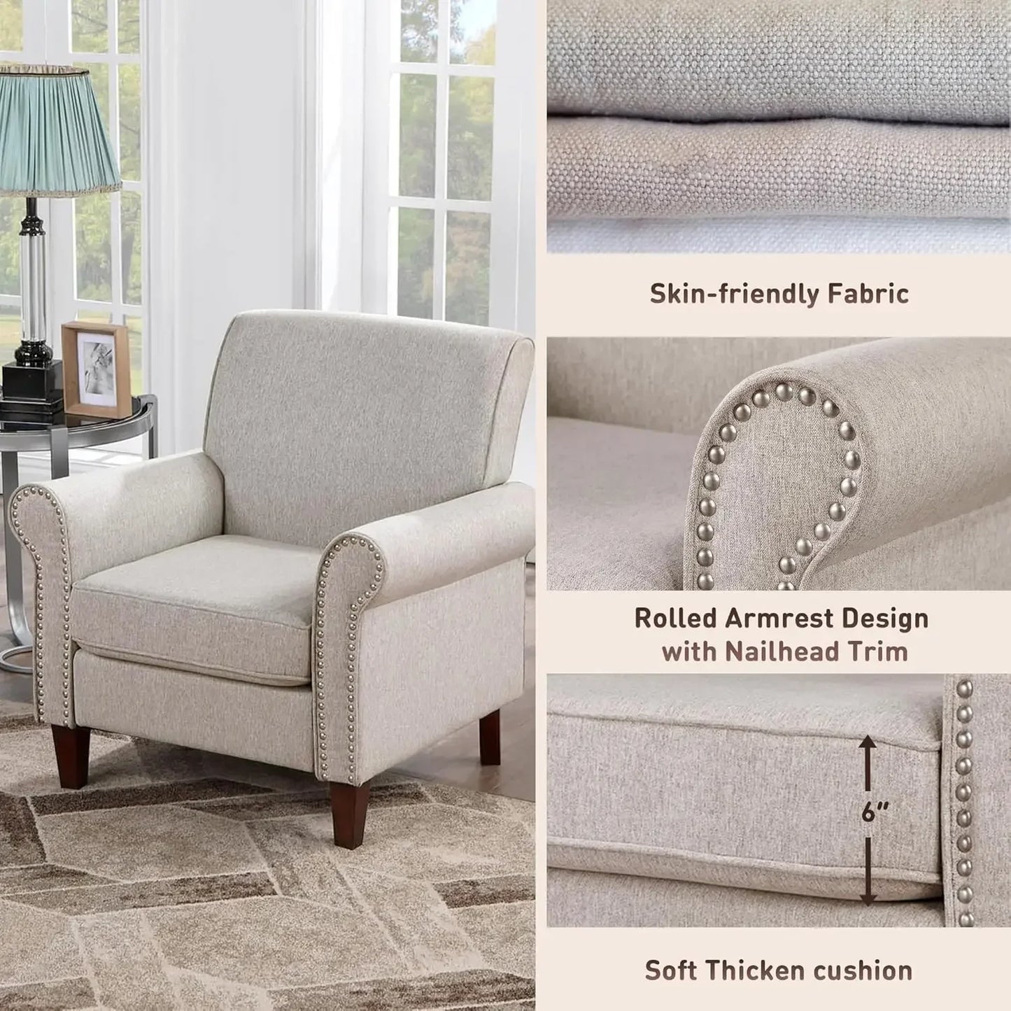 Prilinex Soft Cushioned Living Room Chair - Single Sofa with Cushion, Roller Shutter Armrest, Office Armchair