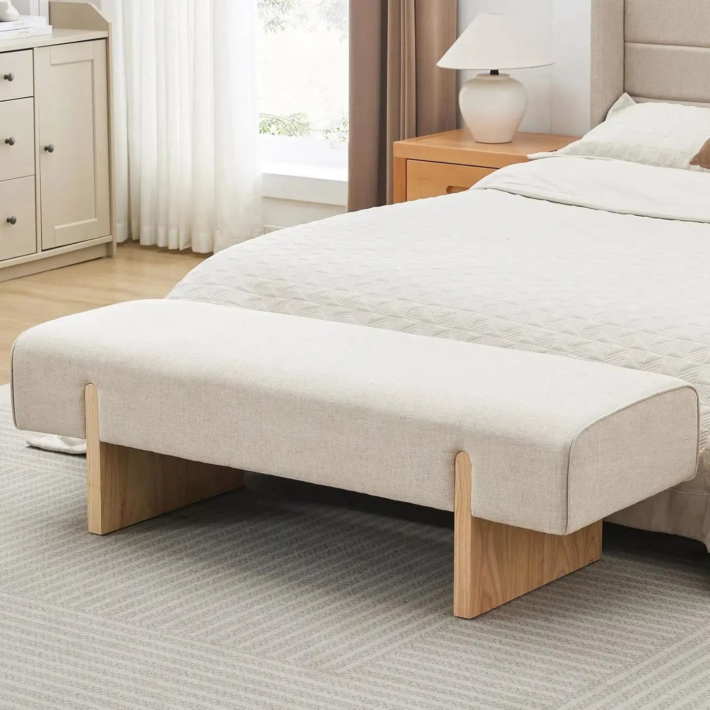 Solid Wooden Bench for Bedroom, 55'' Linen Fabric End of Bed Bench Queen Size, Modern Accent Entryway Bench
