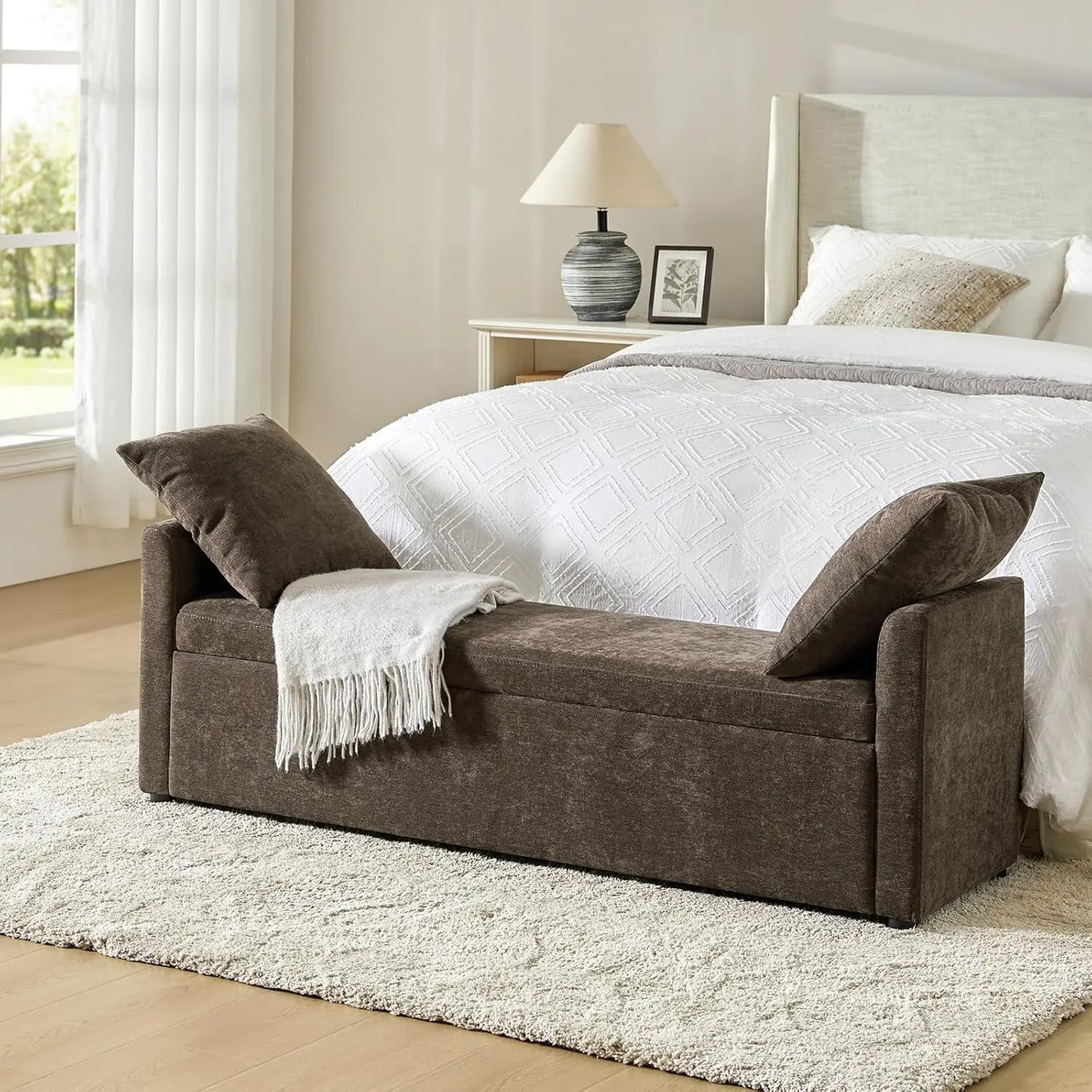 Modern Storage Bench with Throw Pillows, 59.4" Extra Long Bedroom Ottoman Bench for End of Bed, Comfy Upholstered