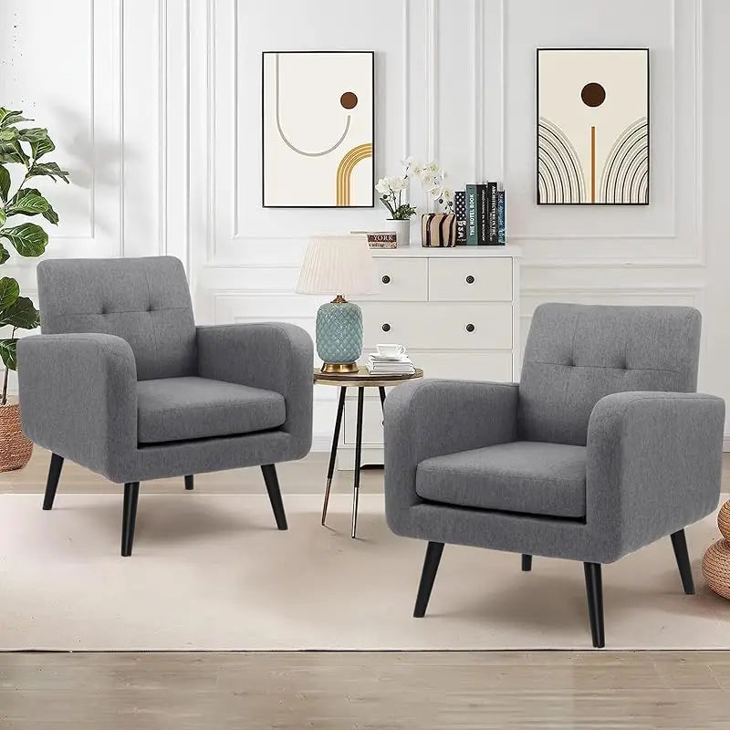 TTF Upholstered Fabric Cozy Armchairs, Living Room Side Chair with Solid Wood Legs, Beige CS