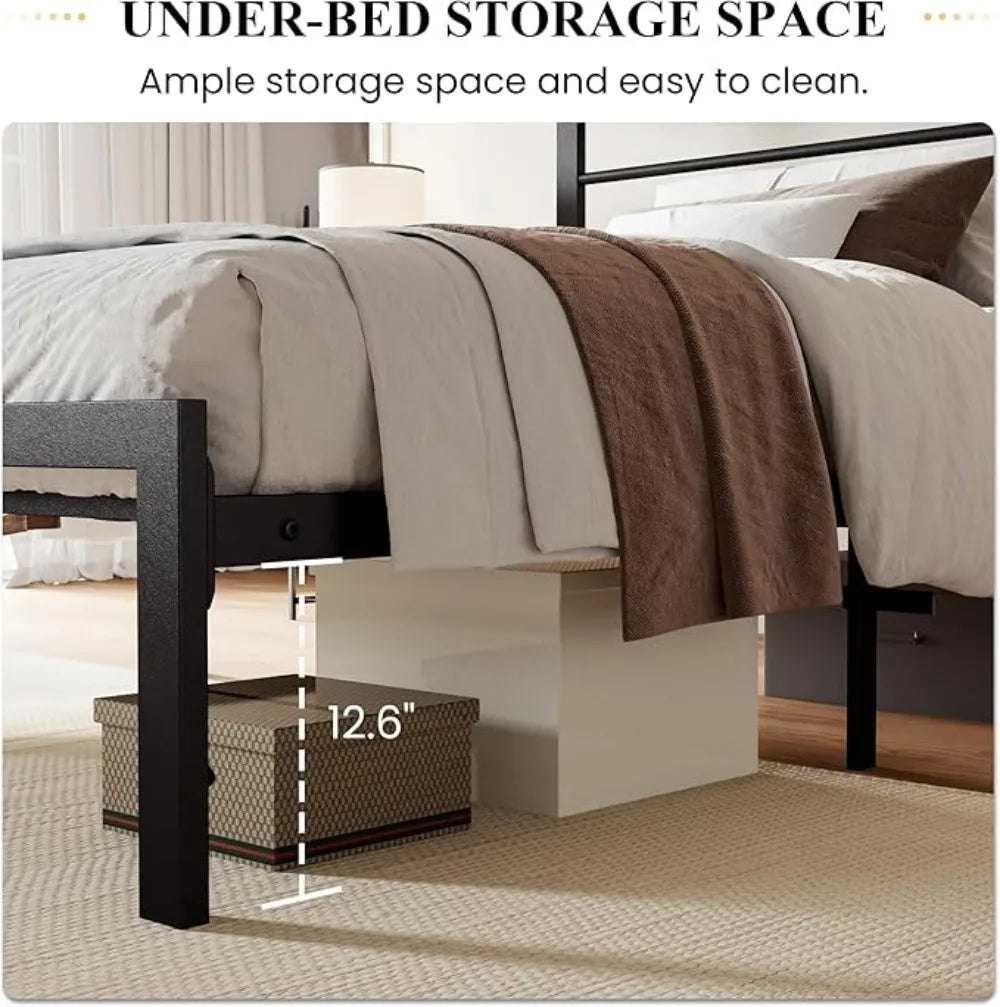 Twin Size Bed Frame with Headboard Shelf and Strong Metal Foundation, No Box Spring Needed, Black